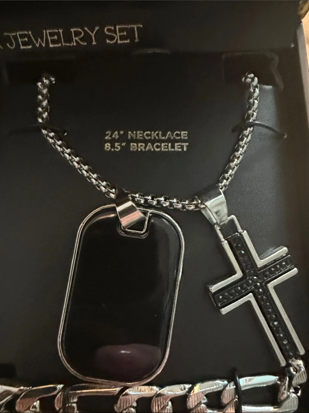 Ed Hardy Black & Silver Skull Dial Watch with Necklace & Cross Set